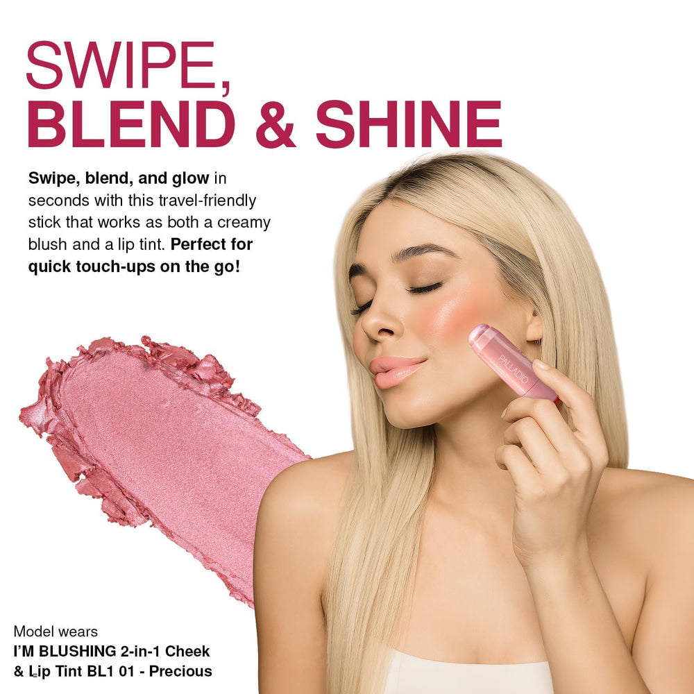 Palladio applying tint to cheeks demonstrating quick brush-free blend