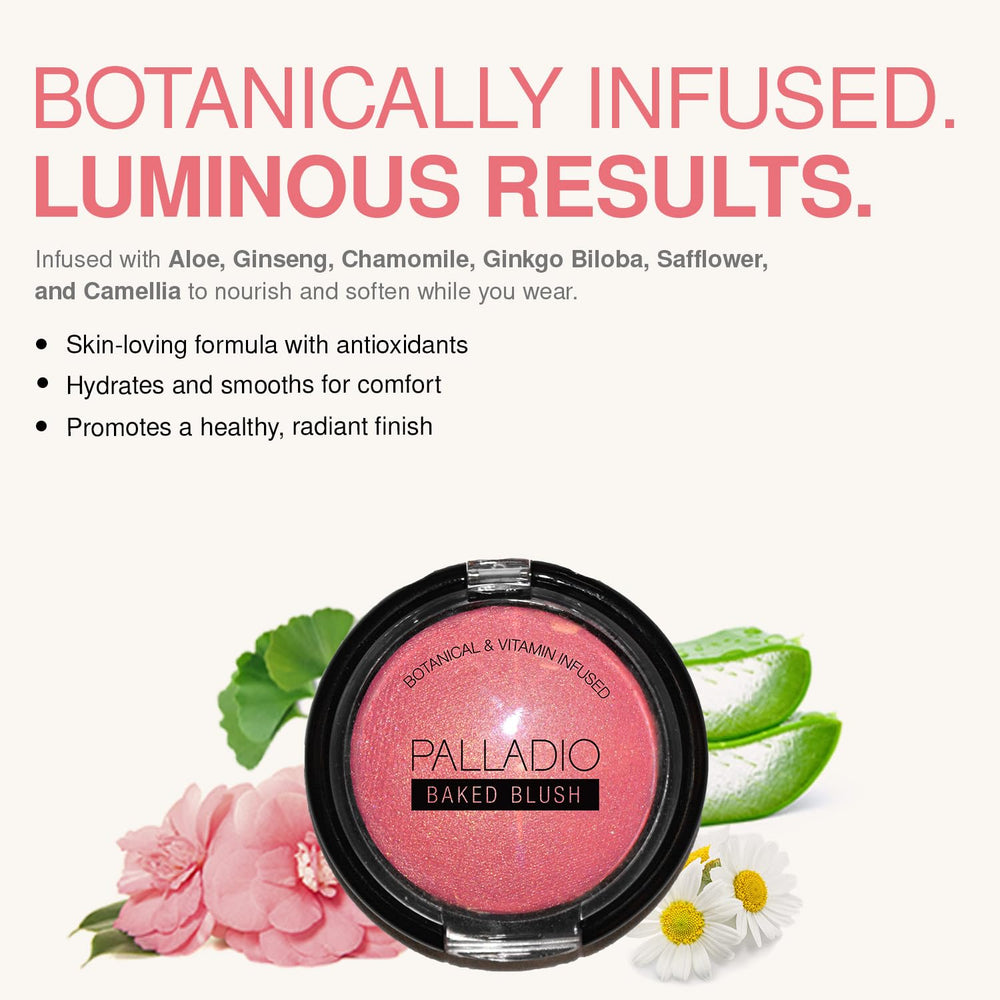 Damp brush application of Palladio blush for intensified, dewy radiance
