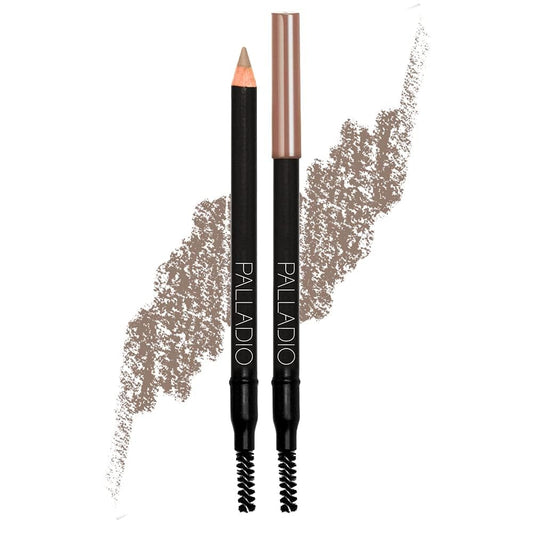 Palladio brow pencil front view showing slim dual-ended design and taupe shade benefit
