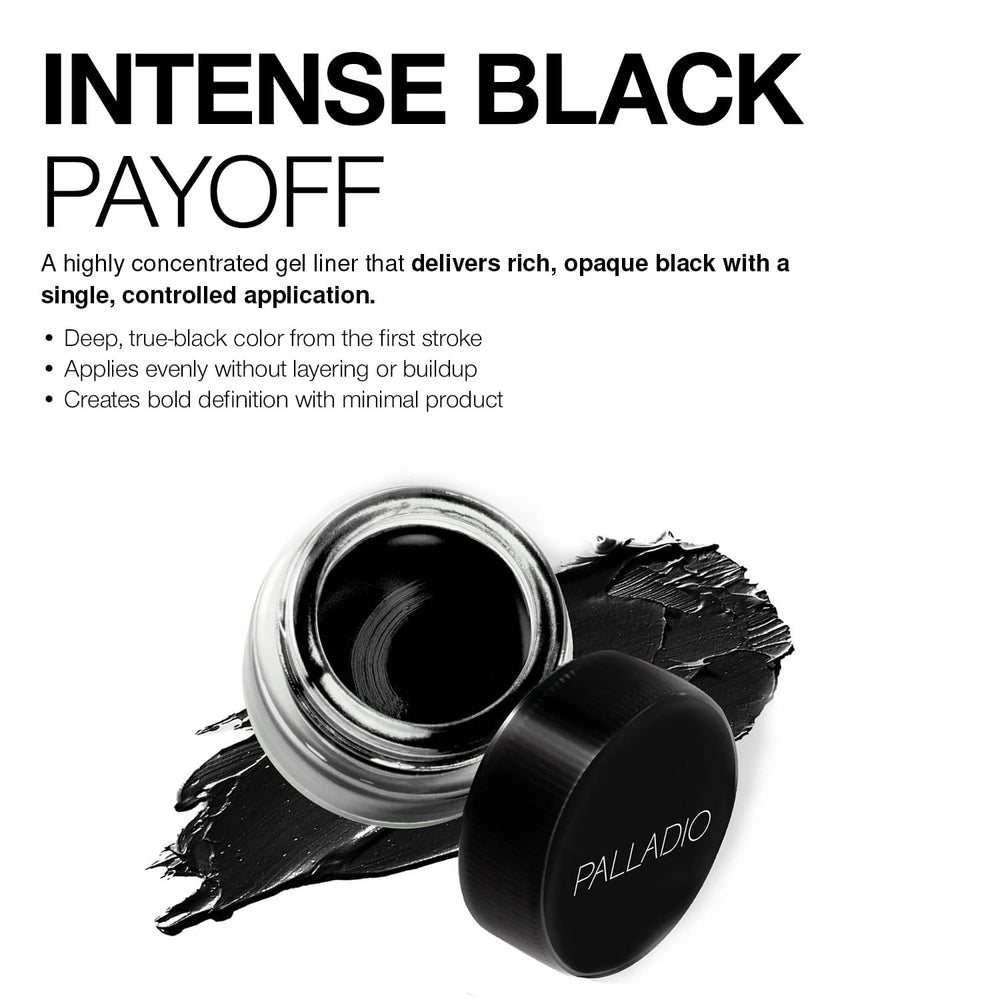 Palladio gel eyeliner close-up matte finish on eyelid illustrating smudge-resistant definition