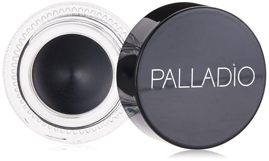 Palladio gel eyeliner front view showing compact pot and bold black color benefit long-wear