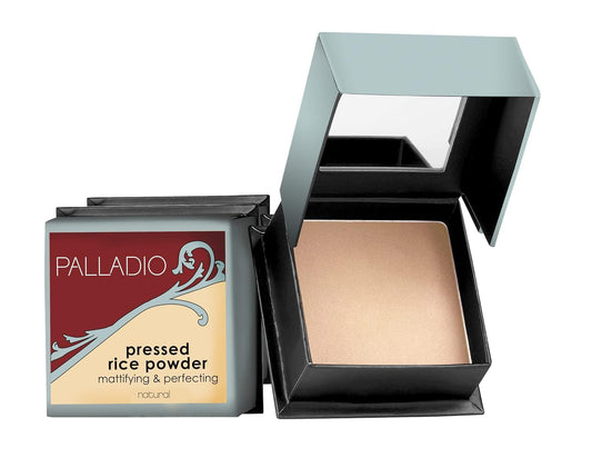 Palladio compact front view showing powder and logo for portable mattifying