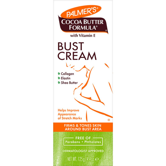 Palmer's bust cream tube front view showing packaging and easy-squeeze tube benefit