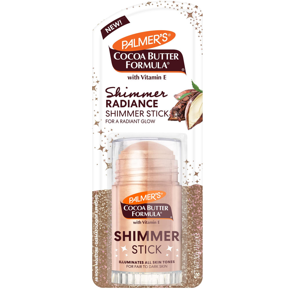 Palmer's front packaging shimmer stick showing compact travel-friendly design and instant glow