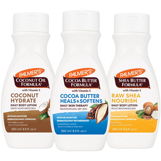Palmer's front packaging showing three flip-cap bottles for effortless selection