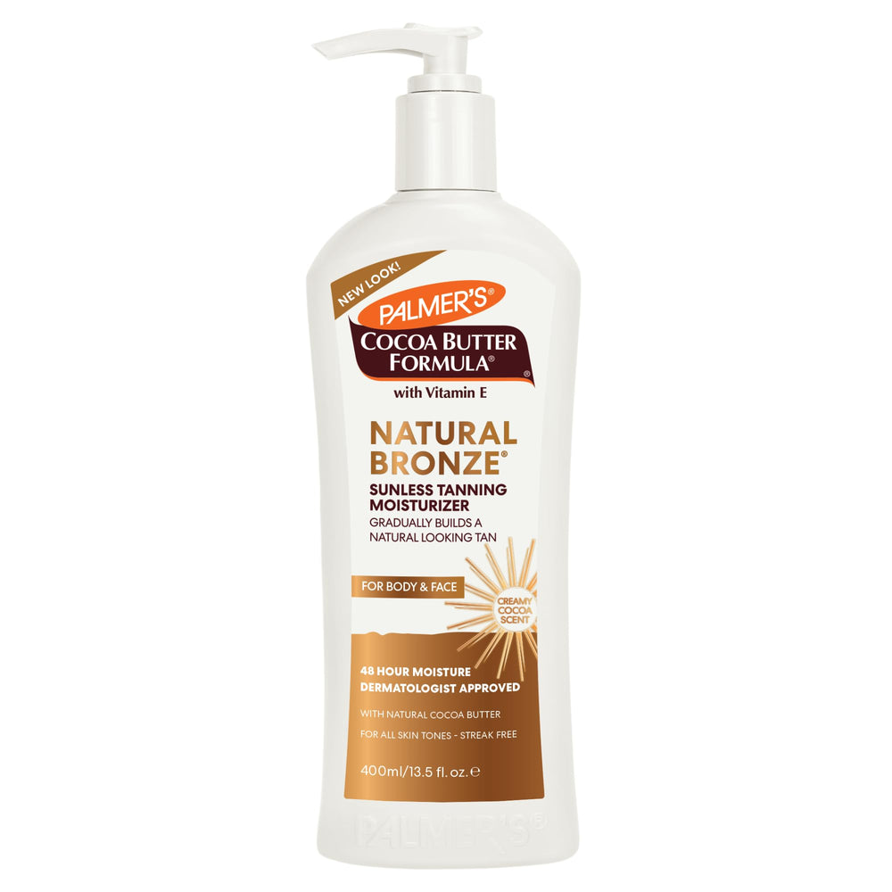 Palmer's front bottle showing Natural Bronze gradual tanning lotion benefits