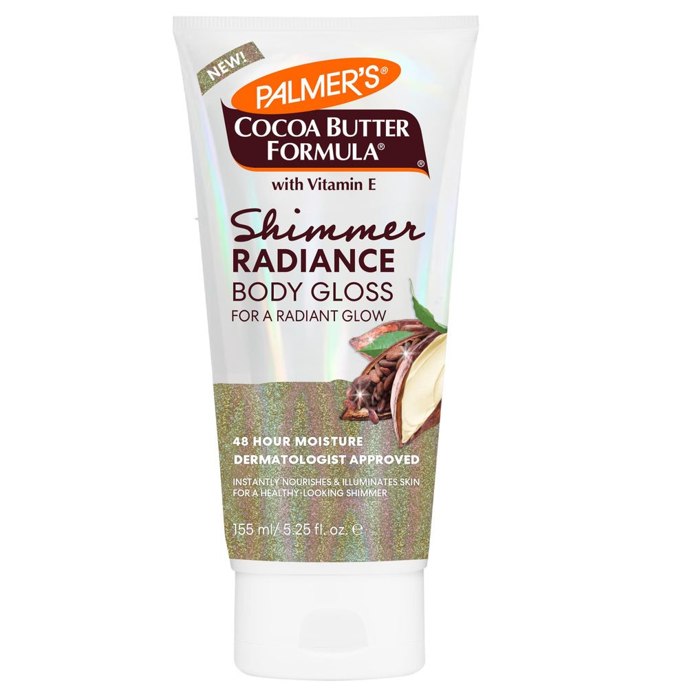 Palmer's bottle front view showing shimmer gloss for radiant hydrated skin