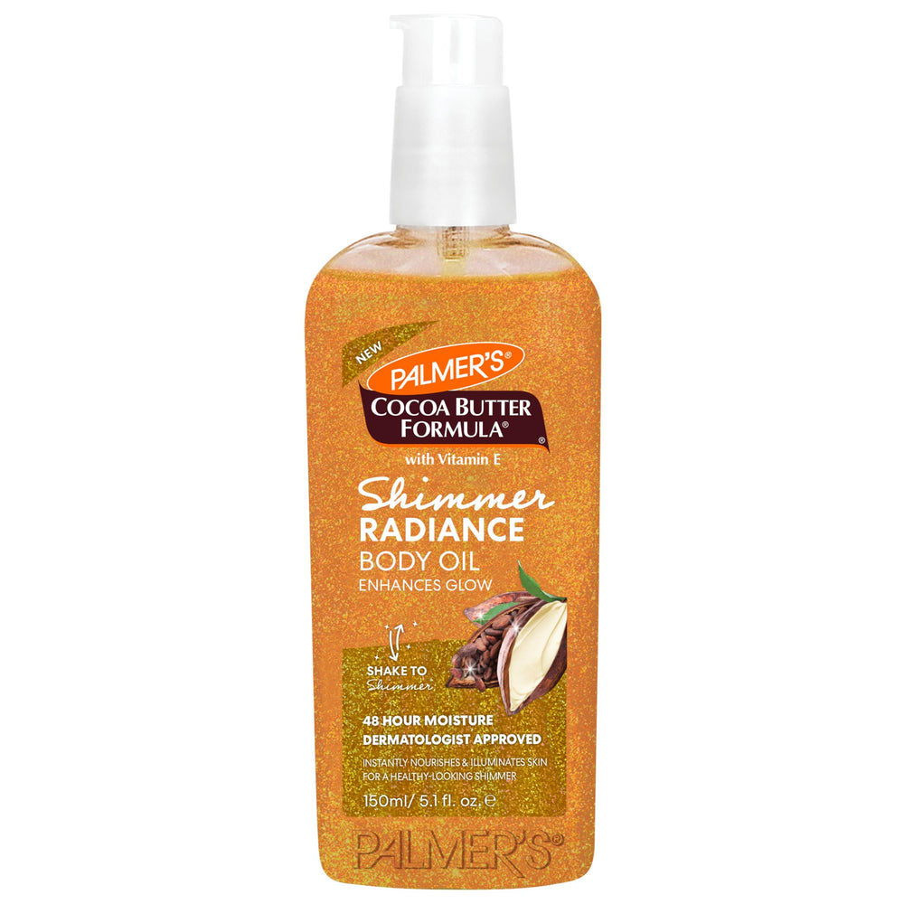 Palmer's front packaging showing shimmer oil and hydrating benefits