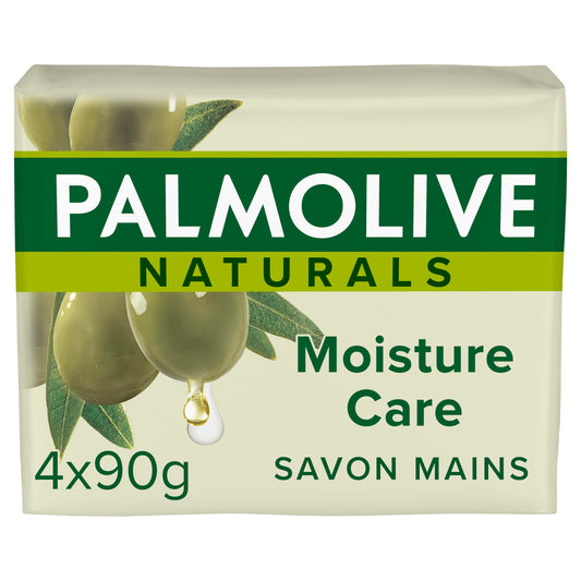 Palmolive Moisture Care Olive & Milk front pack showing bars and brand, highlights nourishment