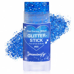 paminify front view of blue glitter stick shows bold product and quick application benefit