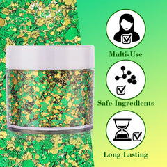 paminify cheekbone green gold design closeup, enhances fan face paint