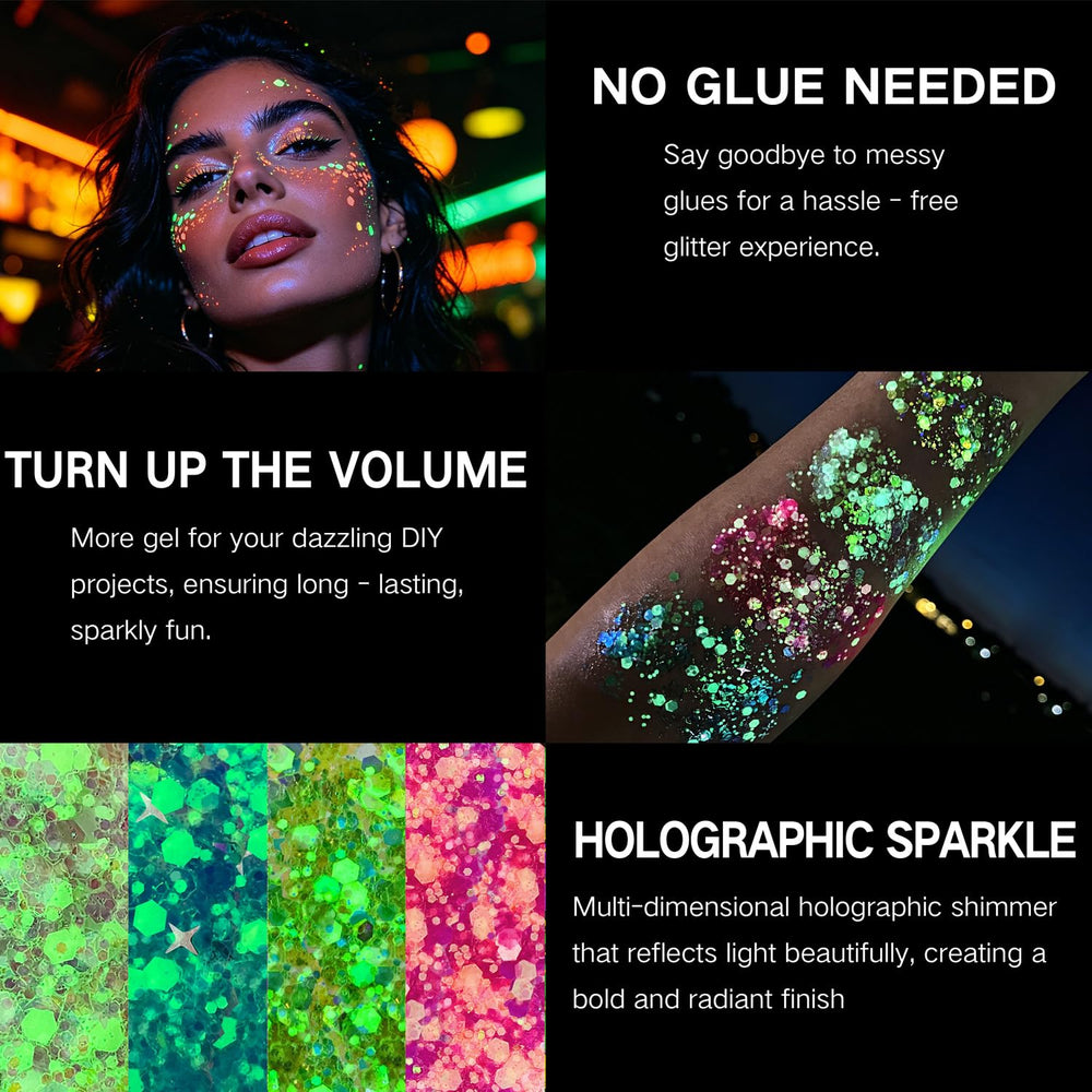 paminify on-model face application highlighting vibrant neon accents and festival-ready look