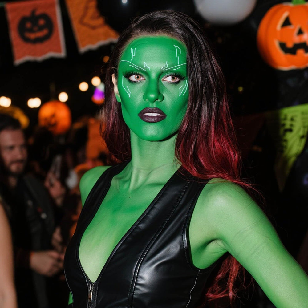 paminify performer wearing green stage makeup for vivid costume impact