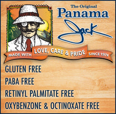 Panama Jack ingredients label showcasing aloe, hemp seed and olive oil benefits