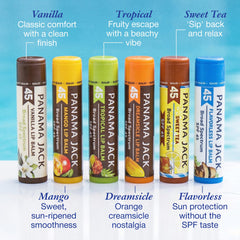 Panama Jack flavor display of tropical, mango, dreamsicle and vanilla options