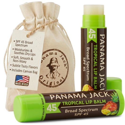 Panama Jack front packaging showing SPF 45 and two-stick benefit