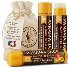 Panama Jack mango front tube showing compact SPF 45 protection