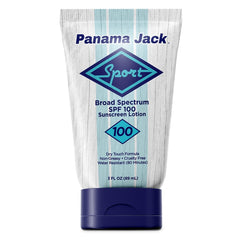 Panama Jack front bottle showing SPF 100 protection for travel convenience