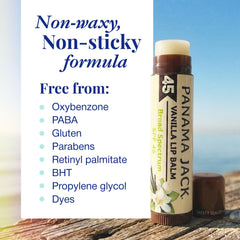 Label close-up of Panama Jack SPF 45 tube emphasizing broad-spectrum ingredients