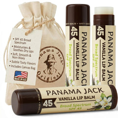 Panama Jack front packaging showing three vanilla SPF 45 lip balms for sun protection