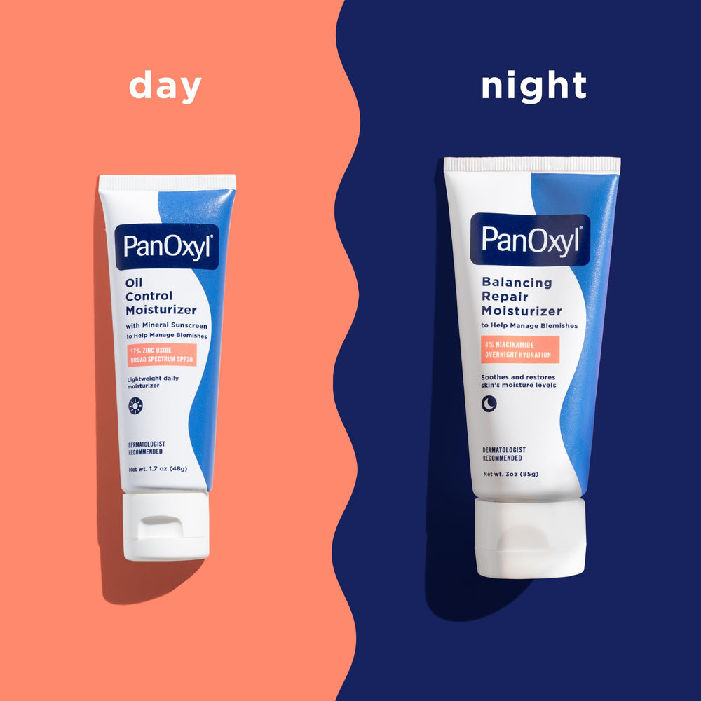 PanOxyl before and after on skin showing matte finish and reduced shine