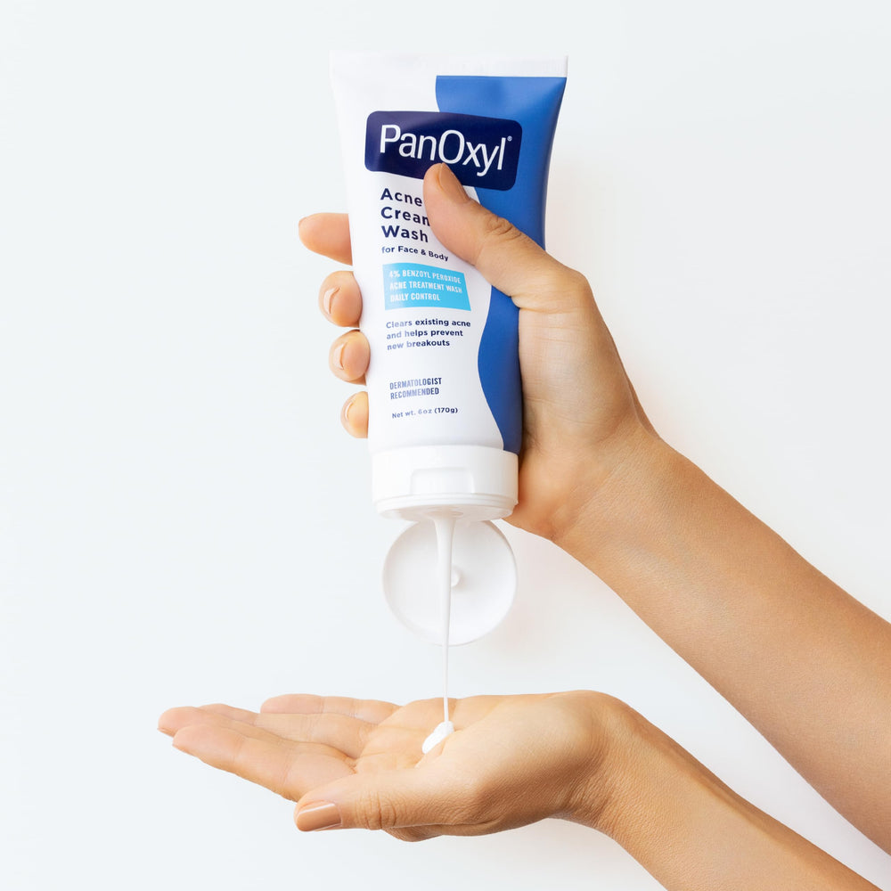 PanOxyl bottle staged on bathroom shelf suggesting integration into daily skincare benefit