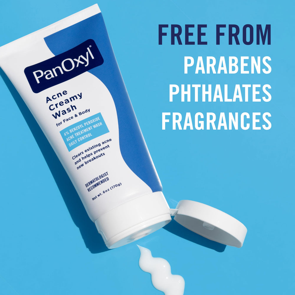 Applying PanOxyl to chest and back showing broader coverage and targeted acne benefit