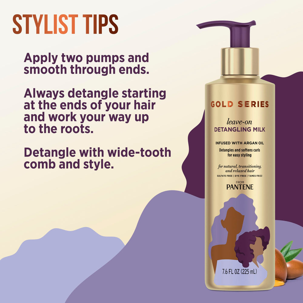 Wide-tooth comb smoothing wet textured hair with Pantene Gold Series, improves slip