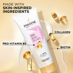 Pantene ingredient display with biotin and collagen visuals highlighting strengthening