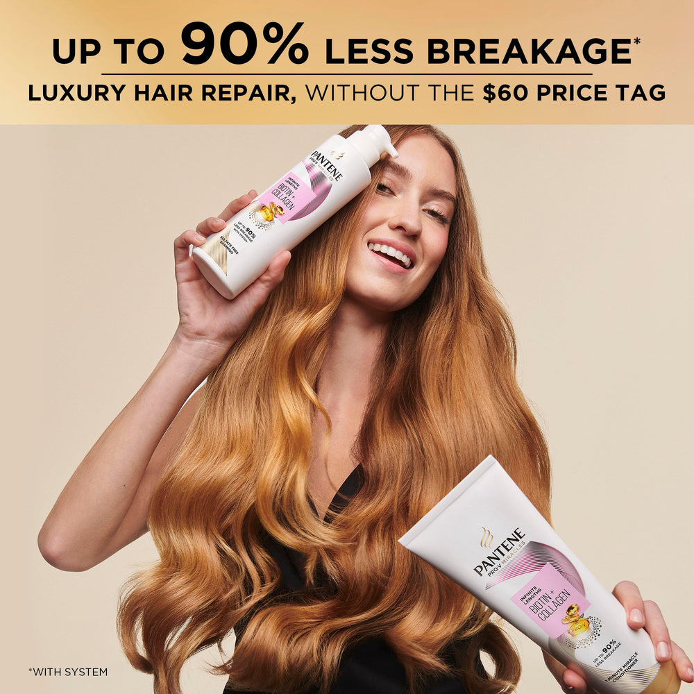 Pantene bottle held in hand showing 13.5 fl oz size and scale advantage