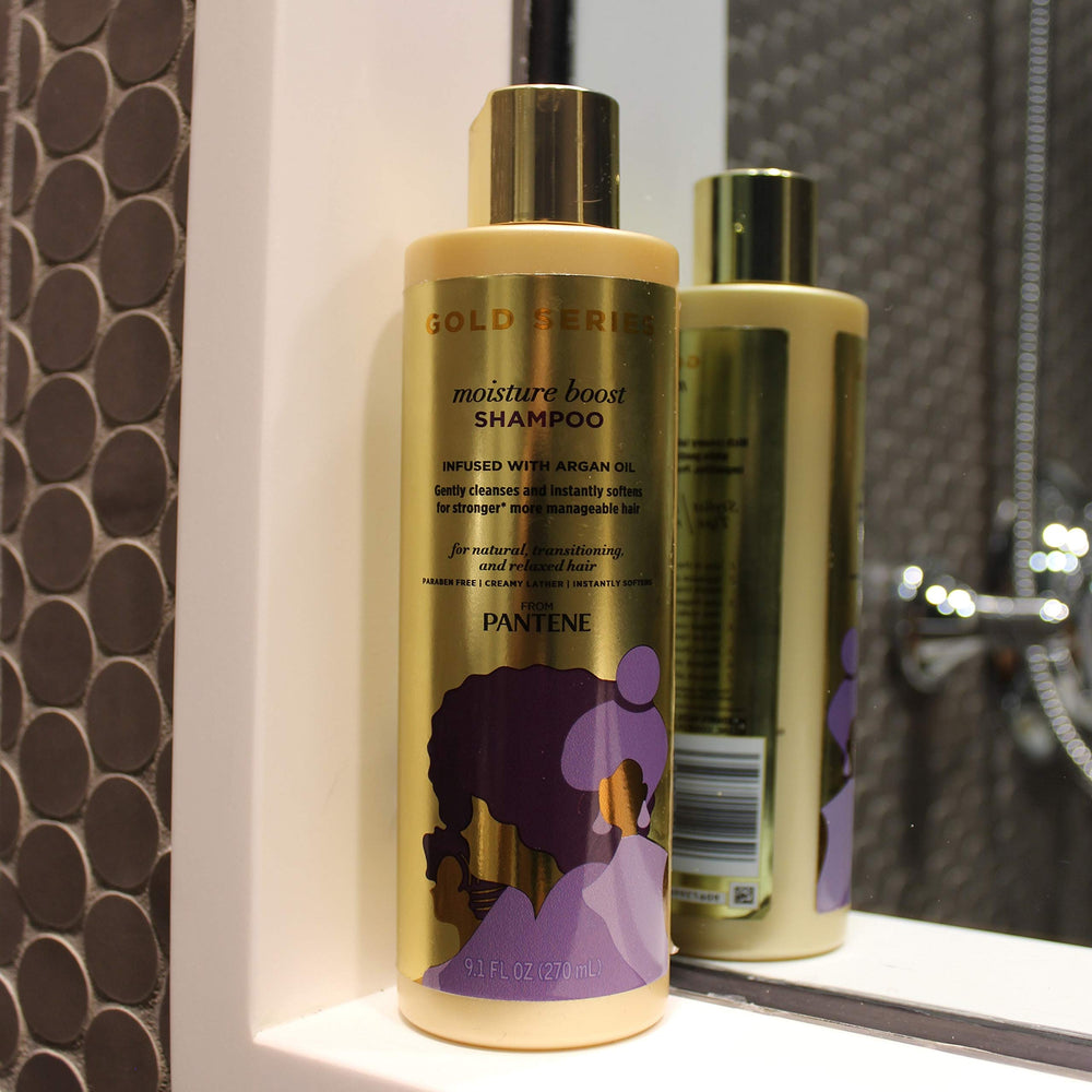 Pantene on bathroom shelf styled for daily routine appeal