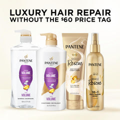 Pantene bottle next to everyday object showing 25.1 fl oz scale and value benefit