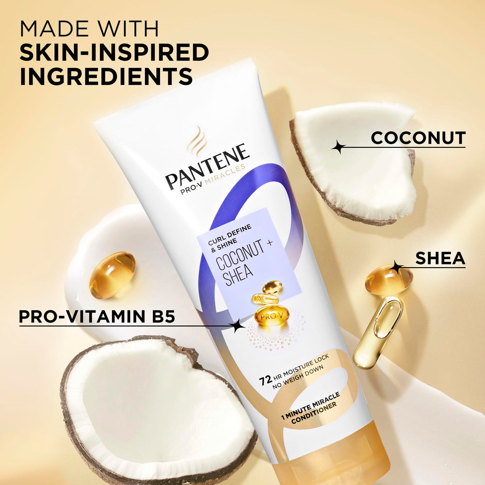 Pantene bottle beside hand for scale showing the 10.9 fl oz size benefit