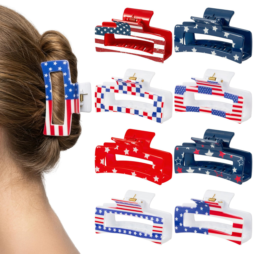 PANTIDE front view of eight American flag claw clips for festive styling
