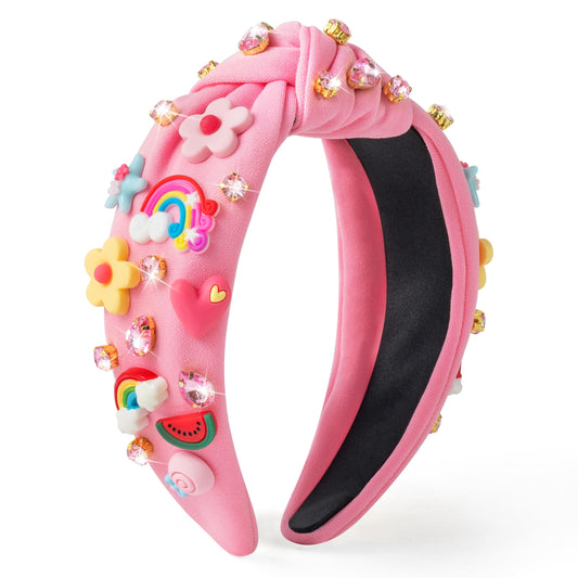 PANTIDE front view of jeweled knotted headband shows colorful sparkle and style
