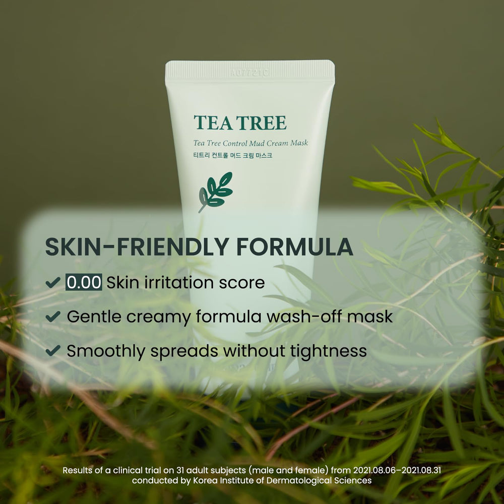 Papa Recipe tea tree leaves and product showcasing calming, balancing skin care