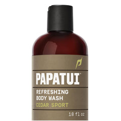 PAPATUI front bottle showing cedar sport scent and brand benefit