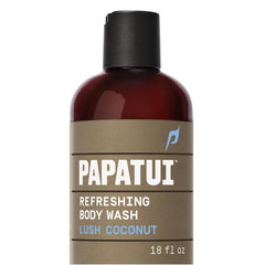 PAPATUI front bottle showing lush coconut scent and clear packaging benefit