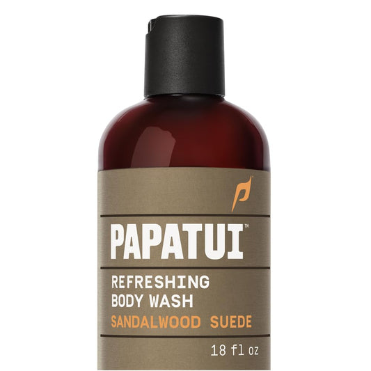 PAPATUI front bottle showing label and sandalwood suede scent for confident grooming