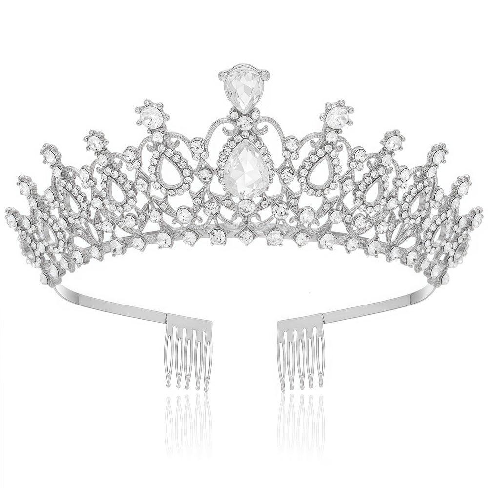 Papoopy silver tiara front view showing elegant filigree and shine for polished looks