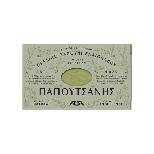 Papoutsanis olive oil soap front packaging showing label and weight, highlights natural purity