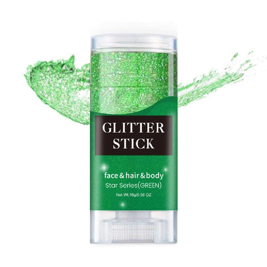 PAQIMAN green face glitter stick front packaging showing product benefit of portable shimmer