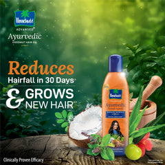 Parachute Advansed Ayurvedic herbs beside bottle highlighting natural blend