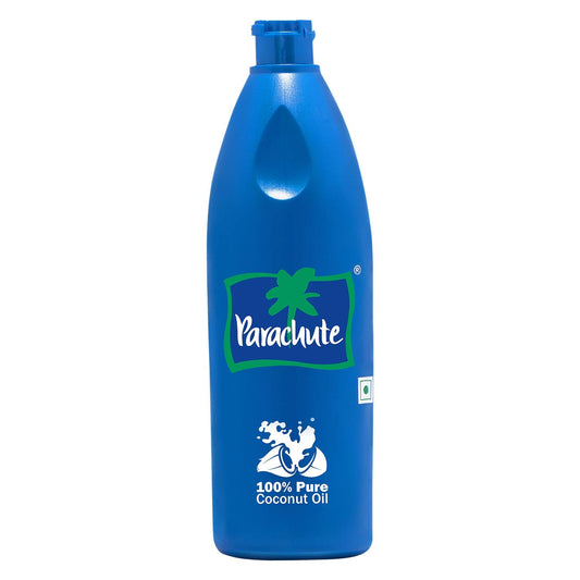 Parachute jar front packaging showing pure unrefined coconut oil benefit: trusted purity