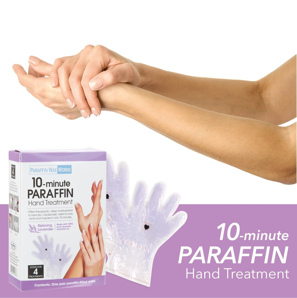Paraffin Wax Works gloves on hands demonstrating soothing warmth and hydration