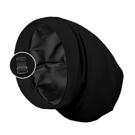 PARISBELLA front view of black satin-lined bonnet shows protective shape and comfort