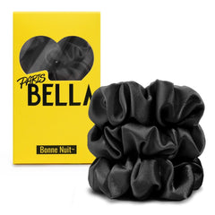 PARISBELLA front pack view showing three black satin scrunchies, polished look benefit