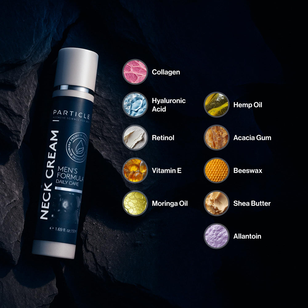 Particle neck cream ingredients display highlighting key actives for hydration