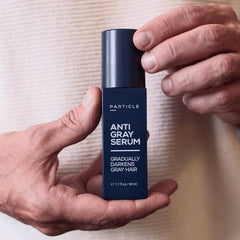 Particle serum applied to beard showing natural-looking gradual gray reduction advantage