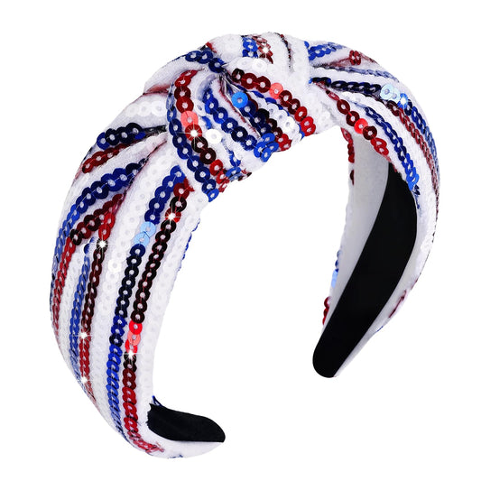 PARTY TELLER headband front view showing patriotic sequin shine and festive look